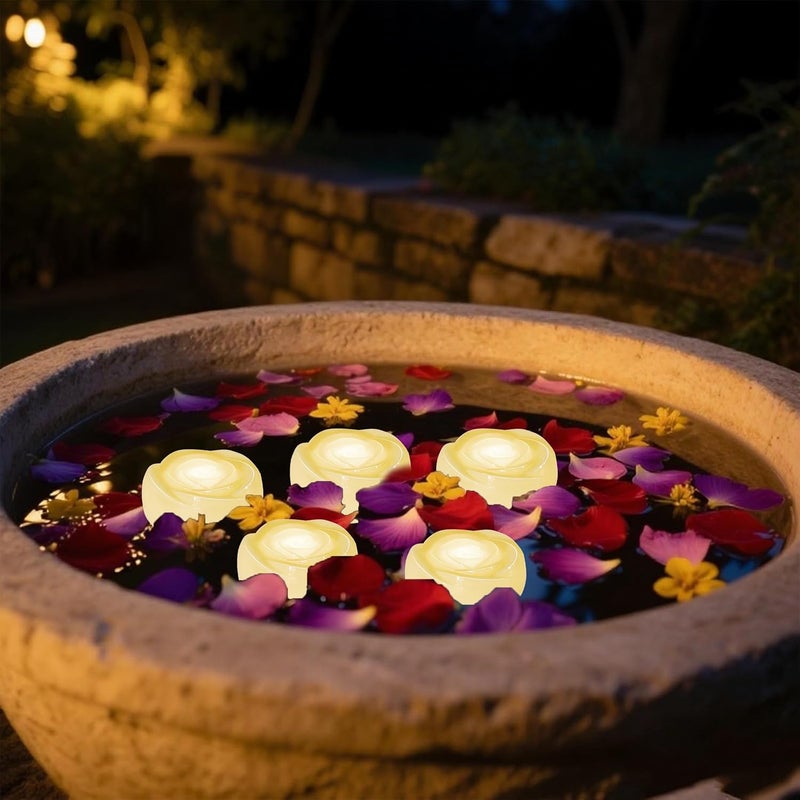 Aignis 12pcs Flameless LED Floating Candles, Ivory Rose Plastic Tealights Battery Operated, 120+ Hours Glow Time, Cozy Light for Romantic Pool/Bathtub/Hot Bath/Wedding Centerpiece Decor(D2.83*H1.42) - Image 4